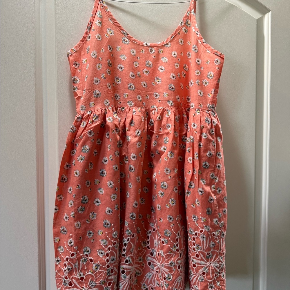 Paper Crane Coral Floral Eyelet Sundress with White Embroidery